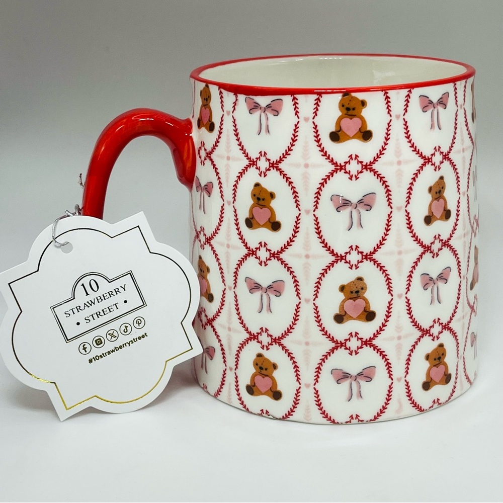 10 Strawberry Street Teddy Bears Pink Red Bows Coffee Cup Mug NEW